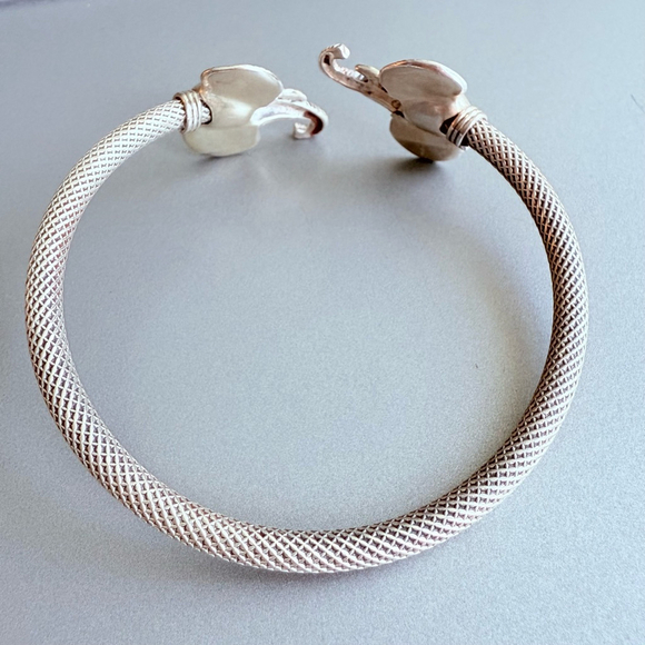 Sterling Silver 925 Elephant Heads Bangle Cuff Artisan Mesh Bracelet - Picture 3 of 7